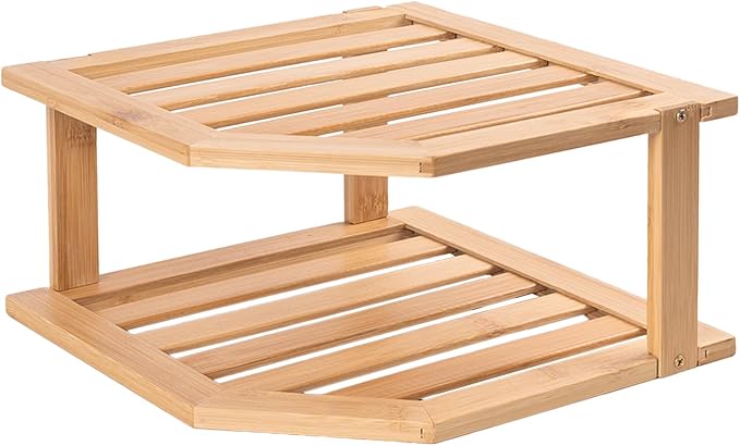 Bamboo Corner Shelf,2 Tier Plate Organizer for Cabinet and Countertop,Pantry Dish and Spice Rack for Kitchen
