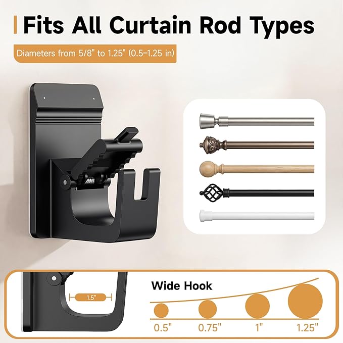 Universal Heavy Duty Curtain Rod Brackets, No Drill Curtain Rod Brackets with Adhesive & Invisible Nail, 30+LB Load Curtain Rod Holders, Damage Free Curtain Rod Hooks for Wall, Bathroom, Kitchen 2PC