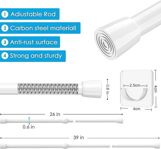 1Pcs Spring Tension Curtain Rod 26-39 inch Spring Tension Rods White Tension Rods Adjustable Spring Rod Extendable Tension Rod For Kitchen, Bathroom, Window, Bookshelf,Closet.