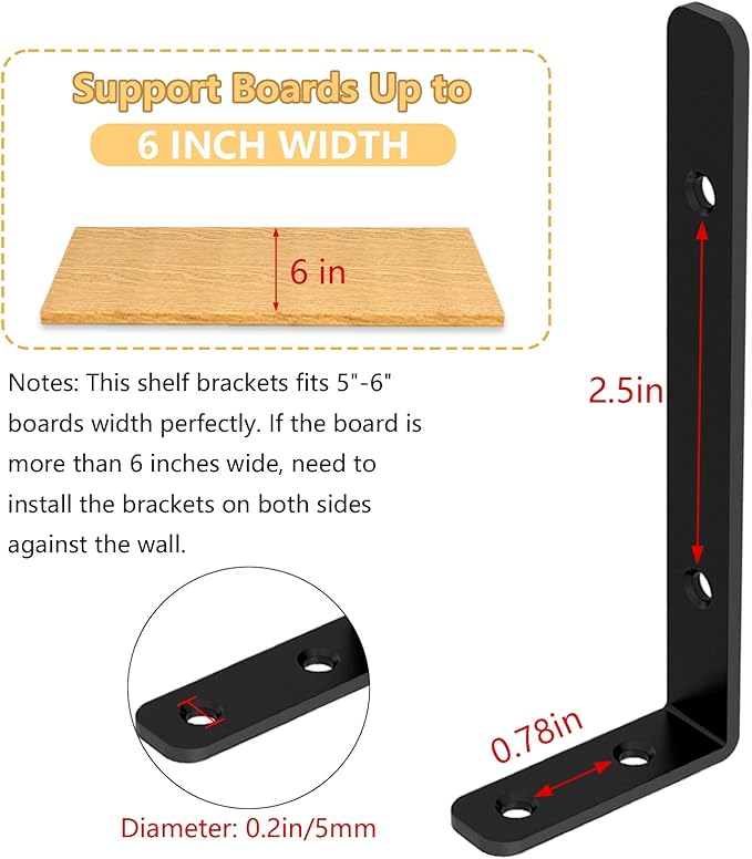 LSK 6PCS L Bracket, 5"×2"(125×50mm) Shelf Support Corner Bracket for Wooden Board, Max Load : 42lb, Black