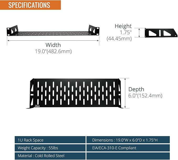 Tecmojo 1U Rack Shelf,19 inch Rack Shelf 6 inch Depth,Rack Mount Shelf with Anti-Slip Stops,Server Rack Shelf and Network Shelf for 19 in Equipments, 55lbs Capacity of Vented 1U Shelf,No Lip(2 Pack)