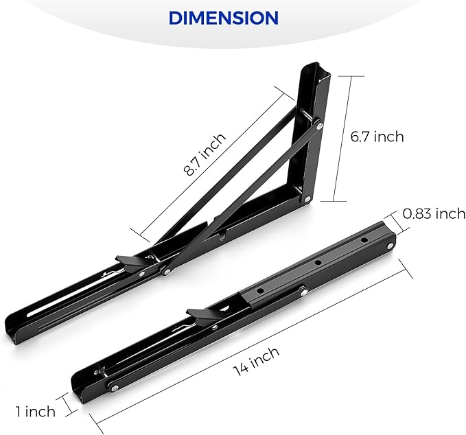 Ravinte 4 Pack 14 Inch Folding Shelf Brackets – Matte Black, Heavy Duty Collapsible Brackets for Tables and Benches – Space-Saving Design