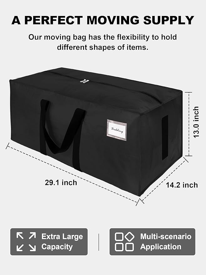 HOMESURE Supports 200lbs Heavy Duty Moving Bags - Strong Zipper & Wrap-Around Handles - Water-Resistant Storage Totes, Durable Alternative to Moving Boxes - 4 Pack - Black