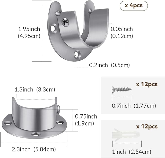 4 Packs Stainless Steel Wardrobe Bracket U-Shaped Rod Socket Flange 1-1/4" Diameter Heavy Duty Closet Rod Brackets End Supports for Closet Rod with Screws (Silver)