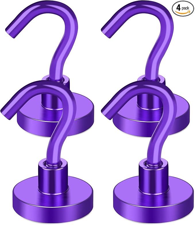 MIKEDE Magnetic Hooks Heavy Duty, 30LB+ Strong Magnets with Hook for Fridge, Neodymium Extra Strength Industrial Hooks for Hanging, Magnetic Hanger for Toolbox, Cruise, Grill (Purple, 4 Pack)