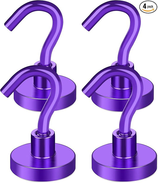 MIKEDE Magnetic Hooks Heavy Duty, 30LB+ Strong Magnets with Hook for Fridge, Neodymium Extra Strength Industrial Hooks for Hanging, Magnetic Hanger for Toolbox, Cruise, Grill (Purple, 4 Pack)