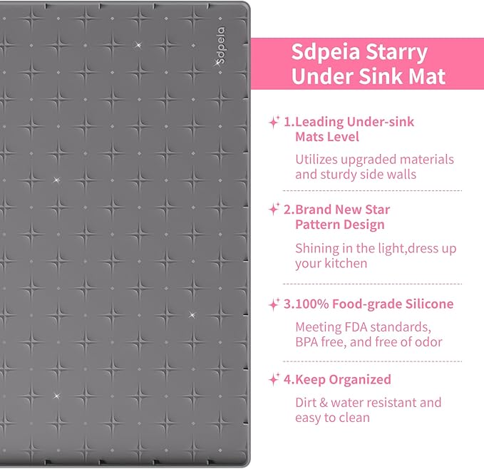 Sdpeia Under Sink Mat 34"×22" Waterproof Silicone Cabinet Liner & Sink Protector for Kitchen & Bathroom, Multi-Purpose Organizers Tray for Pets, Laundry, Cat Litter Mat, Gray