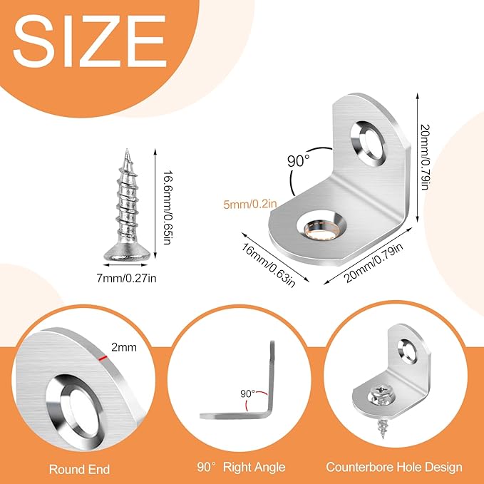 40 Pcs L Bracket Stainless Steel Corner Brace Sets, 90 Degree Right Angle Brackets with 80 Pcs Screws, L Bracket Firmware for Wooden Shelves, Chairs, Tables, Dressers, Furniture (Silver)