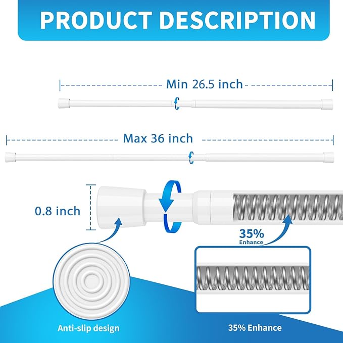 AIZESI 2 Pack Tension Rods for Windows 26.5 to 36 inch, Adjustable Expandable Pressure Spring Curtain Rods No Drilling, White Curtain Rods for Doorway Closet Door