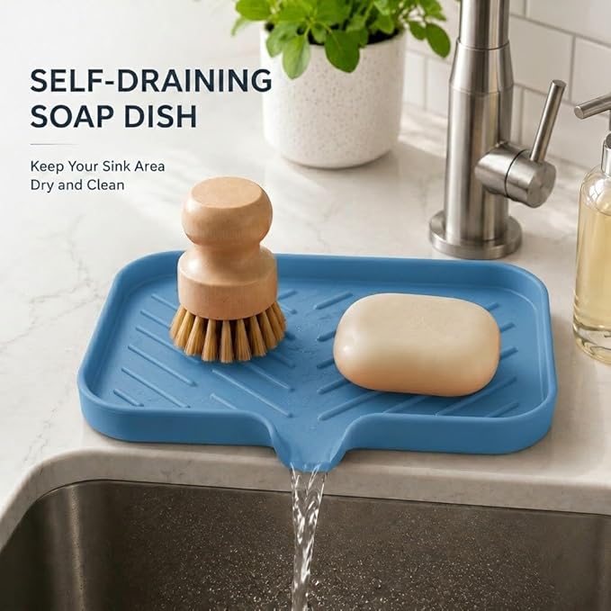 MicoYang Silicone Soap Dish with Drain Spout — Self-Draining Sink Organizer Tray for Bathroom & Kitchen, Sponges, Dispensers & Soap Holder, Non-Slip & Dishwasher Safe, Lichen Blue (Medium, 9.6"×5.3")
