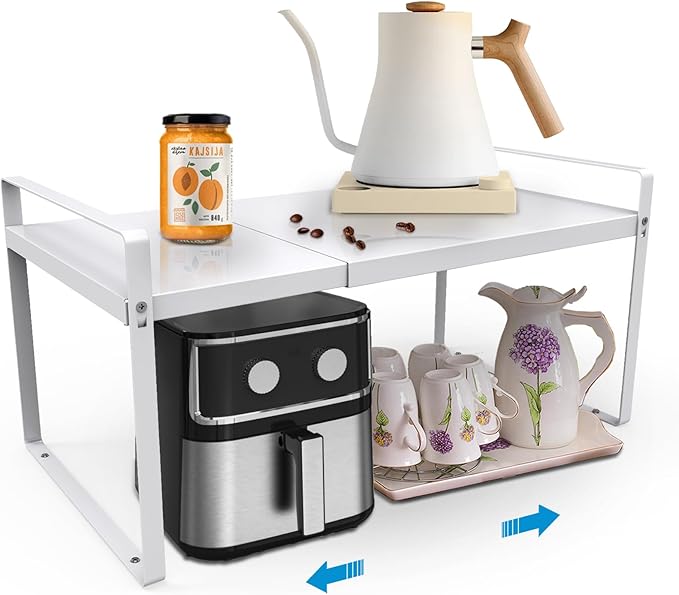 Expandable Cabinet Countertop Shelves, 11" Deep Cabinet Shelf Organizer Riser for Kitchen Pantry Cupboard Under Sink Countertop Organization Storage, Adjustable Metal Organizer Shelf with Nonslip Legs