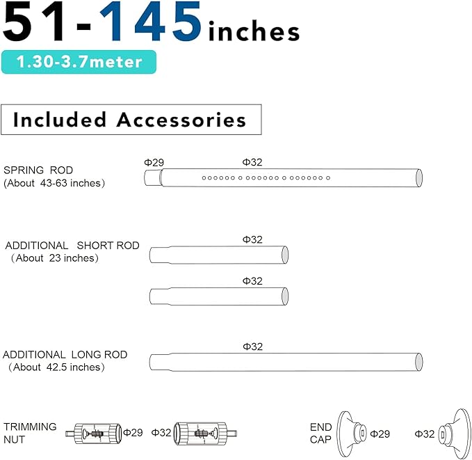 Umimile Tension Curtain Rod, 51-145 inches Adjustable Spring Shower Tension Curtain Rod, Stainless Steel Closet Rod for Windows or Shower, No Drilling, No Rust, Easy to Install, White