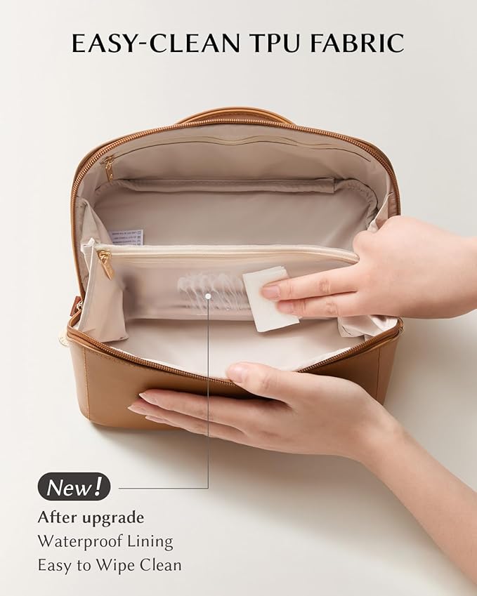 EACHY Travel Makeup Bag, Large Capacity Cosmetic Bag for Women, Waterproof PU Leather, Flat Open Portable Toiletry Bag for Skincare, Brushes & Travel Essentials