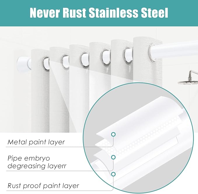 AIZESI White Tension Curtain Rod 43 to 73 Inch Shower Curtain Rod No Drilling, Never Rust, Adjustable Curtain Rod, Spring Tension Rods for Window, Bathroom, Kitchen, Doorway