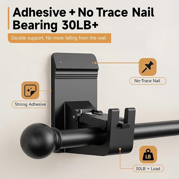 Universal Heavy Duty Curtain Rod Brackets, No Drill Curtain Rod Brackets with Adhesive & Invisible Nail, 30+LB Load Curtain Rod Holders, Damage Free Curtain Rod Hooks for Wall, Bathroom, Kitchen 8PC