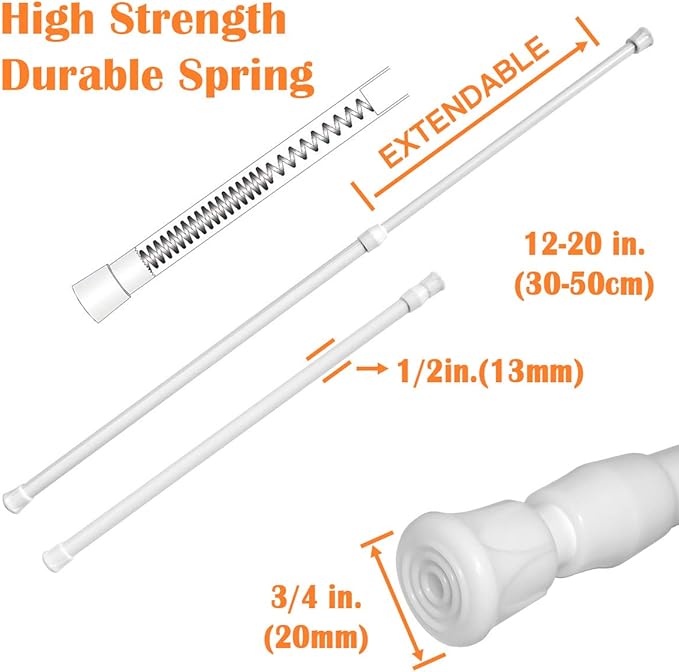 KXLIFE 2 Pack Small Spring Tension Curtain Rod 12 to 20 Inch, Thin Tension Rod No Drill for Window Cupboard Closet, White