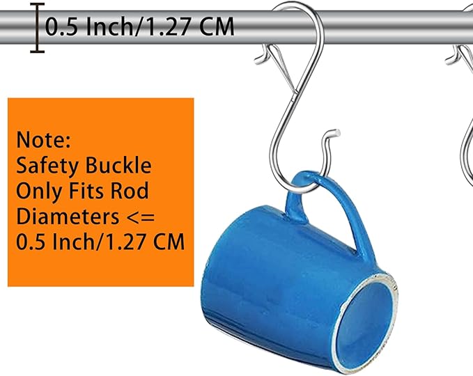 12 PCS S Hooks for Hanging with Safety Buckle, Metal S Shaped Hooks Fit for 0.5 Inch Rod Diamater, for Kitchen Utensil, Cups, Pots, Plants, Bags, Hats (Silver)