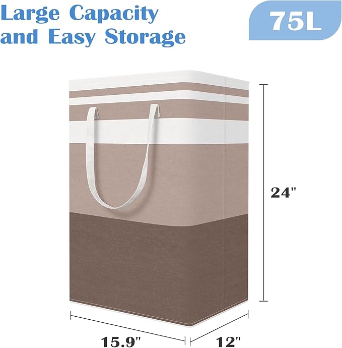 BlissTotes 3-Pack Laundry Basket, Freestanding＆Waterproof Laundry Hamper, Collapsible Tall Clothes Hamper with Easy Carry Handles for Clothes, Towels in the Family and Dorm,Gradient Khaki,75L