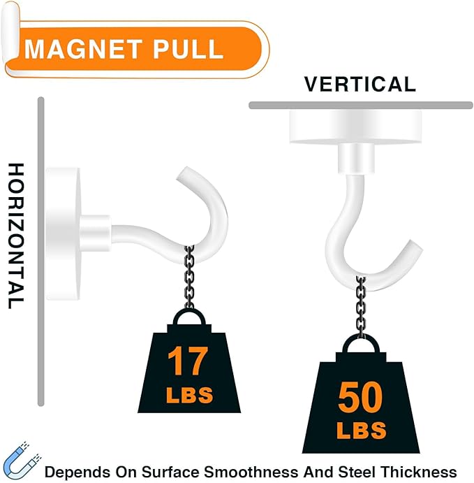 MIKEDE Magnetic Hooks, 50LB+ Heavy Duty Magnet Hooks for Cruise Cabins, Super Neodymium Hanging Hooks White Strong Magnets with Hook for Fridge, Magnetic Hanger for Grill, Toolbox - Pack of 4