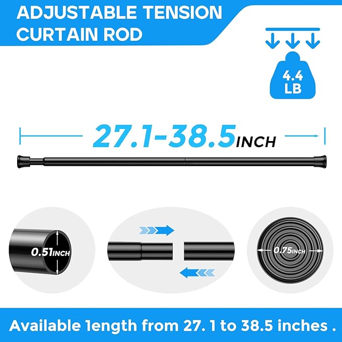 2 Pack Black Spring Tension Curtain Rods 28-38 Inches, Spring Loaded Curtain Rods No Drilling, Adjustable Small Tension Rod for Windows, Kitchen, Doorway, Bathroom, Closet