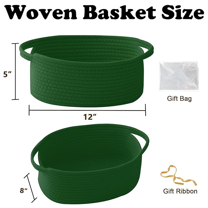 Small Woven Rope Basket-Empty Gifts Basket with Bag and Ribbons,Cute Handle Organizer Box for Birthday/Baby Shower, Toy Storage, Nursery Organizing & Shelf Decor(Green)