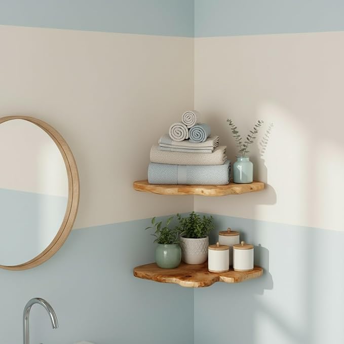 WELLAND Floating Corner Shelf Set of 2 Wall Mounted, 10.86 x 11.5 Inches for Living Room, Bedroom Bathroom, Rustic Space-Saving Corner Storage Shelf for Home Decor and Organization