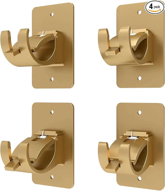 4 Pieces Self Adhesive Curtain Rod Bracket Universal Plastic Curtain Rod Holders, No Drill Curtain Rod Brackets Curtain Rod Hooks for Bathroom, Bedroom, Livingroom, Kitchen (Gold)