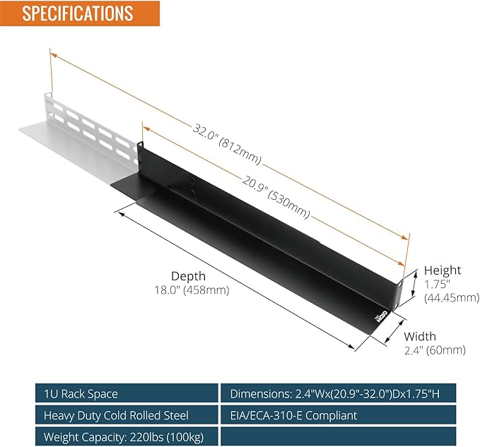 Tecmojo Universal 1U Rack Mount Rail,4-Post Fully Server Rack Shelf Rail with 20.9"-32" Adjustable Depth, Fit for Non-Rack Mountable Server/Networking/AV/IT Equipment