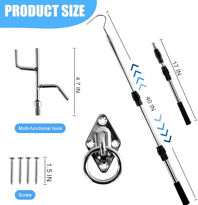 17"-35"Stainless Steel Telescopic Pole with Heavy-Duty Wall Mount Ring & Curved Hook for Attic Stair Pull Down System, Interchangeable Clothes Hook, Easy to Hang Garments, Flower Pots and Bird Feeders