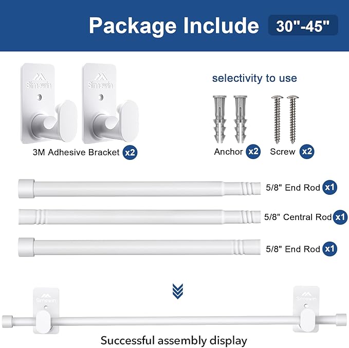 SIMEWIN Curtain Rods No Drilling for Windows 30 to 45 Inches, 5/8 Inch Diameter No Drill Small Curtain Rod Set with 3M Adhesive Brackets, White