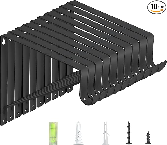 10-Pack Closet Rod Bracket, 10.8x10.8Inch Closet Shelf Brackets Heavy Duty Wall Mounted, Matte Black Steel Closet Rod Support Brackets Holder, 300 Lbs Load Capacity with Anchors Screws