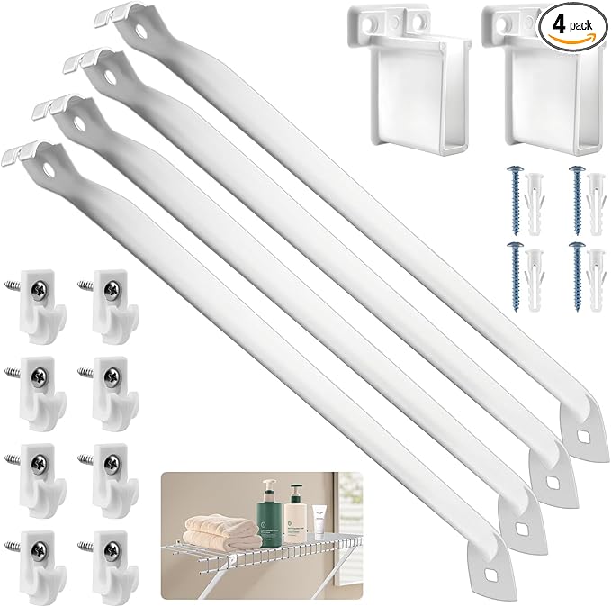 12 Inch Wire Shelf Brackets Set, 4 Pack Metal White Closet Support Bracket with End Brackets & Clips for Wire Shelving Wall Bracket Installation, Support Wire Closet Shelves Racks(4 Pack)