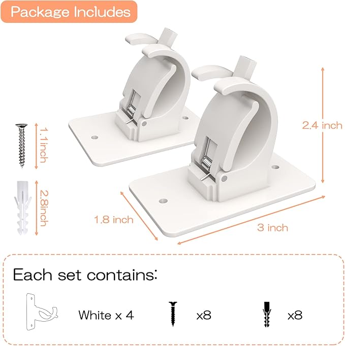 4PCS No Drill Curtain Brackets, Self-Adhesive Rod Holders, Universal Plastic Nail Free Adjustable, Curtain Hooks for Rods Less Than 1.57 Inch Diameter (White)