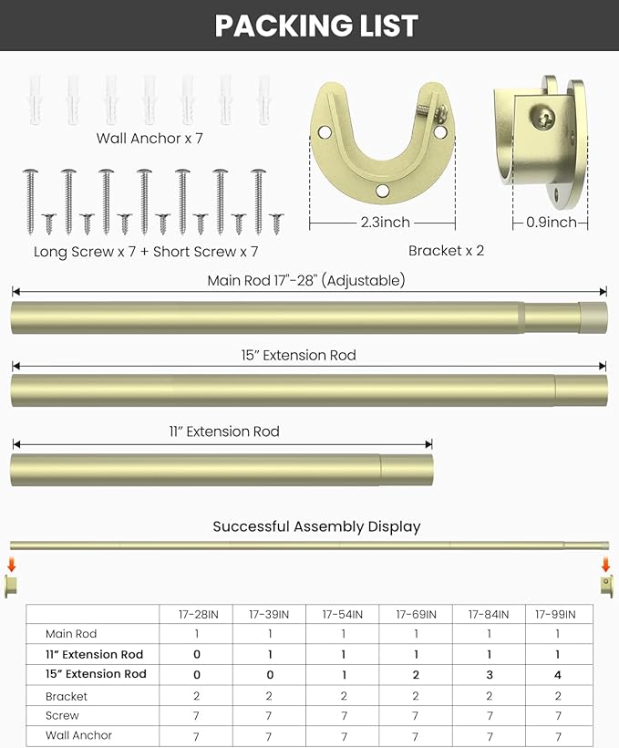 Closet Rods for Hanging Clothes, 17 to 54 Inches Stepless Adjustable Metal Closet Rod, 1.3 Inches Heavy Duty Clothes Hanging Rod for Closet Wardrobes Laundry RV, Verdant Gold