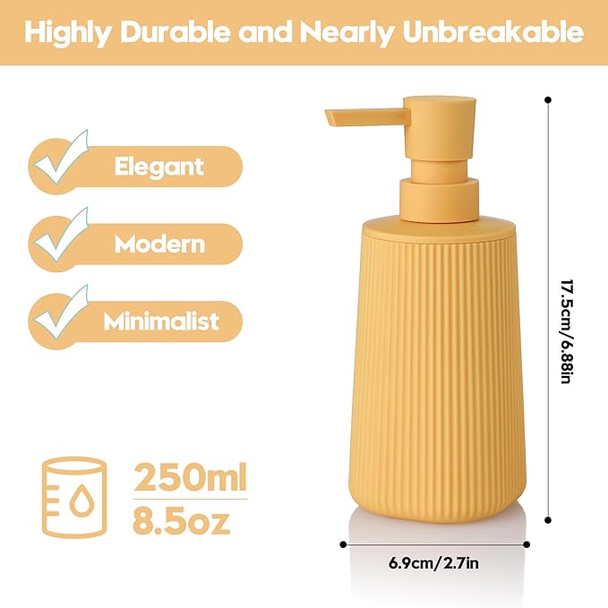 Small Soap Dispenser for Bathroom and Kitchen, Modern Farmhouse Striped Style Plastic Hand Soap Dish Soap Dispenser with Pump Matte Yellow