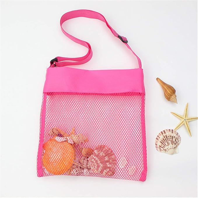 COTDINFORCA 5-PCS Colorful Mesh Beach Bags Sand Away Portable Foldable Sea Shell Bag with Adjustable Carrying Straps/Toy Storage Bag [Yellow, Rose, Purple, Green, Blue] Set of 5 Beach Bags