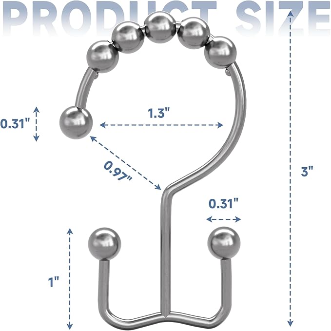 Titanker Double Shower Curtain Hooks, Rust Proof Shower Curtain Rings, Metal Shower Hooks for Bathroom Shower Rods Curtains, Set of 12 Hooks - Chrome