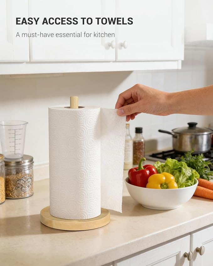NESAPTO Paper Towel Holder Countertop, Wooden Freestanding Paper Towel Stand for Modern Farmhouse & Cottagecore Decor, Kitchen Bathroom Essential, Natural Color