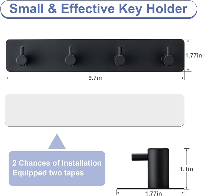 Key Holder with 4 Hooks,Key Hanger Organizer for Wall Mount with 2 Self-Adhesive Tapes,Metal Key Rack for Entryway, Door, Bathroom, Kitchen(Black)