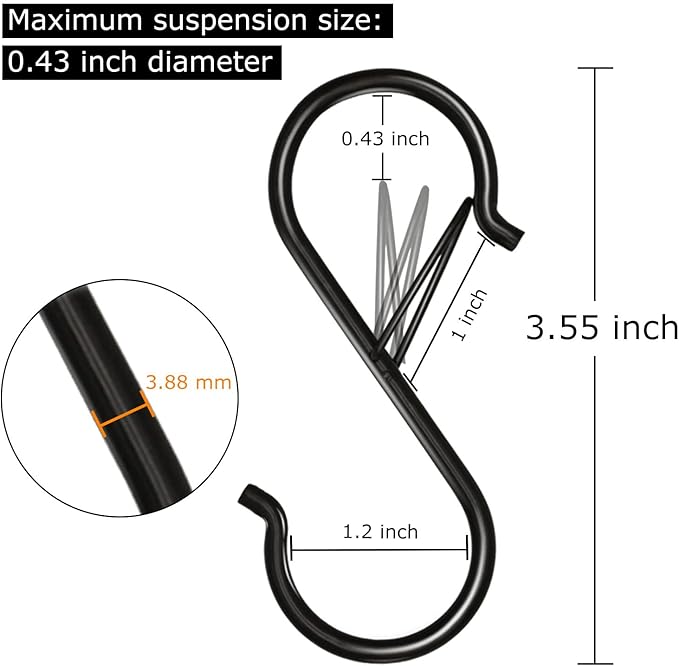 Waitkey 16 Pack S Hooks for Hanging, 3.5 inch Heavy Duty Metal S Hooks with Safety Buckle S Shaped Hooks Pot Rack Closet Hooks for Hanging Plants, Clothes, Kitchen Utensil, Pots, Pans, Bags (Black)