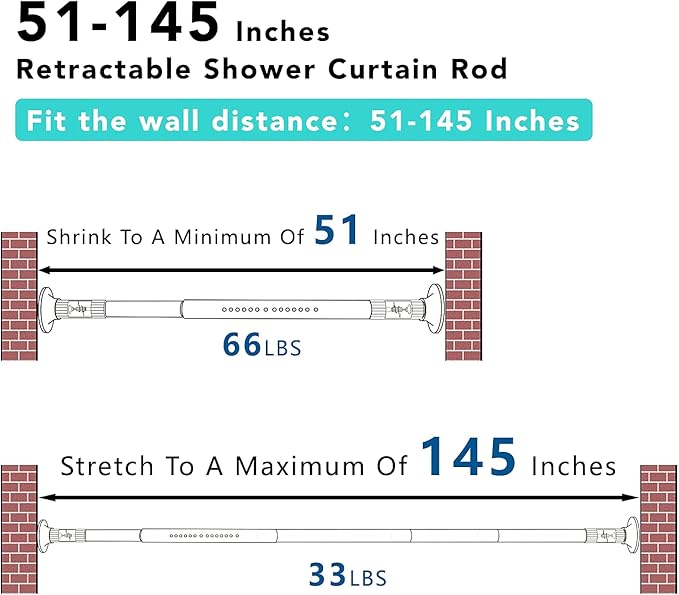 Tension Shower Curtain, Spring Shower Tension Curtain Rod, Closet Rod, for Windows or Shower, Rust Resistant Easy to Install, Umimile (Brown, 51-145”)