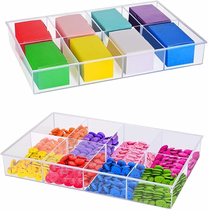BangQiao 2 Pack Fixed 8 Grids Clear Plastic Organizer Sorting Tray and Transparent Storage Divider Box Container Case for Hardware, Craft, Sewing Kit, Office Supplies, Small Parts
