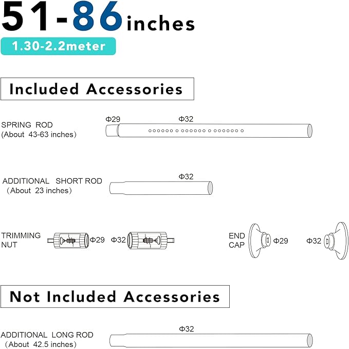 Tension Curtain Rod, 51-86 Inch,Spring Shower Tension Curtain Rod, Closet Rod, for Windows or Shower, Easy to Install, No Drilling, No Rust, for Bathroom, Rod Diameter 1.26 Inches, Black,Umimile