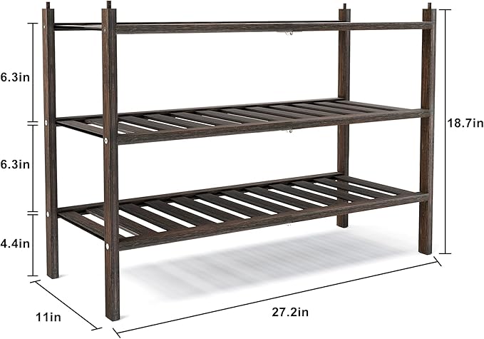 Shoe Rack, 3-Tier Bamboo Stackable Shelf Storage Organizer, Stand for Closet, Entryway, Hallway, Bathroom and Living Room（Mocha）