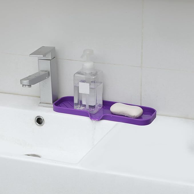 MicoYang Silicone Soap Dish with Drain Spout — Self-Draining Double Sink Organizer Tray for Kitchen & Bathroom, Dispensers, Sponges & Soap Holder, Non-Slip & Dishwasher Safe, Purple (Large, 12"×4")