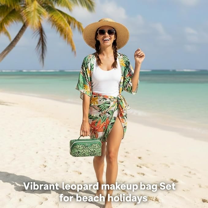 Travel Makeup Bags Organizer for Women: 3 Pcs Set Cosmetic Bag - Large Make up Bag with Compartments - Flat Open Waterproof Leather Toiletry Bags for Skincare, Brushes & Travel Essentials - Green
