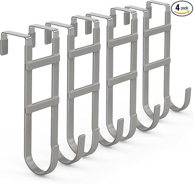 FYY Over The Door Hooks - 4 Pack Heavy Duty Double-Hanger Organizer for Bathroom Bedroom Dorm, Hanging Clothes Towels Hats Bags Ironing Board Wreath Robe - Fits Interior Doors Up to 1.6” Grey