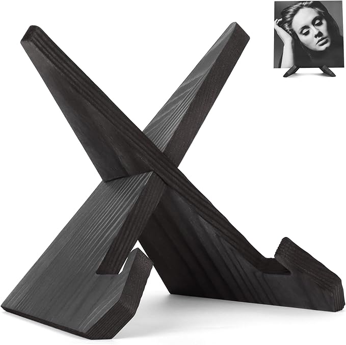 PUERSI Now Playing Vinyl Record Stand, Wooden Display Vinyl Holder Stand, Retro Now Spinning Record Accessories - Black