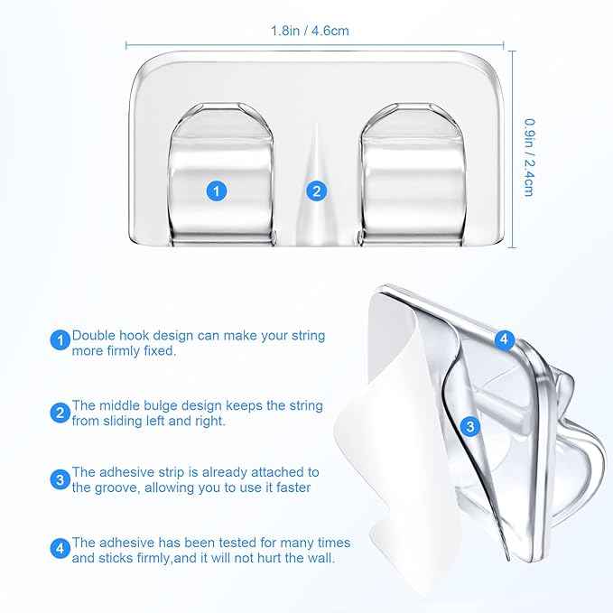 Hooks for Outdoor String Lights Clips: 40Pcs Heavy Duty Light Hook with Waterproof Adhesive Strips - Outside Clear Cord Holders for Hanging Christmas Lighting - Outdoors Sticky Clip