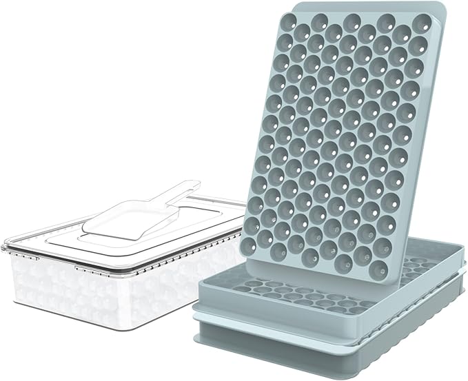 WIBIMEN Mini Ice Cube Trays, 0.55” Tiny Pebble Ice for Iced Coffee & Cocktails, Fast Chill, Easy Twist Release, Stackable with Lid & Storage Bin (2 Pack, Blue)